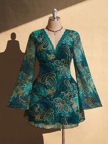 SHEIN ICON 大码女士度假腰果印花撞色蕾丝喇叭袖连衣裙 - 彩色 - 查看 3