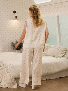 CottageSlumber Woven Ditsy Floral Print Lace Patchwork Short Sleeve Pants Plus Size Pajama Set - White - View 3