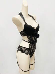 女士性感蕾絲蝴蝶結裝飾連身衣內衣3入組 - 黑色 - 查看 7