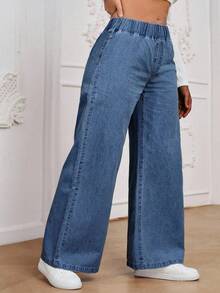 EMERY ROSE Plus Size Women Casual Versatile Elastic Waist Baggy Jeans - Medium Wash - View 5