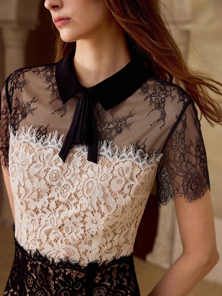SUMMER FASHIONABLE ELEGANT FITTED BLACK & WHITE LACE PATCHWORK COLLAR TIE WAIST WOMEN DRESS