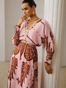 ZEYLAH Vestido de mujer con estampado geométrico y mangas tipo murciélago - Rosa vieja - Ver 7