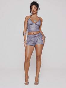 MUSERA Bộ đồ thể thao phối hợp áo thun Jersey cổ yếm ôm sát và quần short cạp thấp, họa tiết rách, thích hợp cho mùa xuân hè, lễ hội, gợi cảm, kỳ nghỉ ở Ibiza, phong cách Y2K, cao bồi phá cách. - Xám - Xem 3