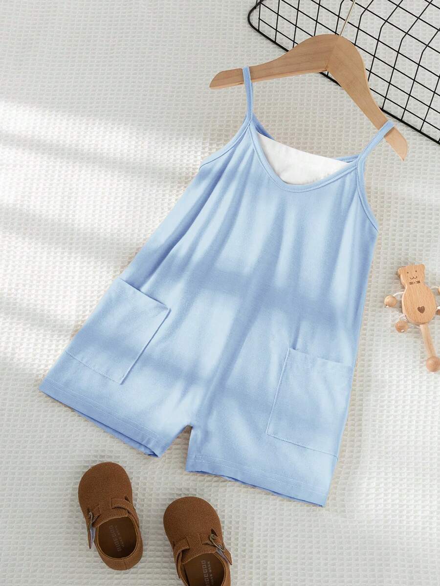 SHEIN Elladie kids 舒适度假少女无袖连体裤,带口袋,夏季 - 淺藍色 - 查看 1