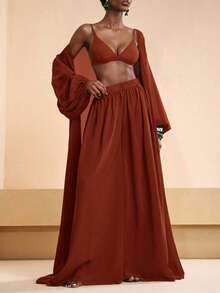 Zivah Women's Solid Color Robe And Elastic Waist Pants Casual Vacation Coverup Set Summer Beach - Redwood - View 3