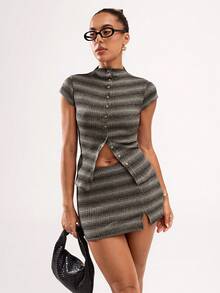 SHEIN BAE 女士休闲条纹前开襟短袖T恤，夏季 - 杏色 - 查看 6