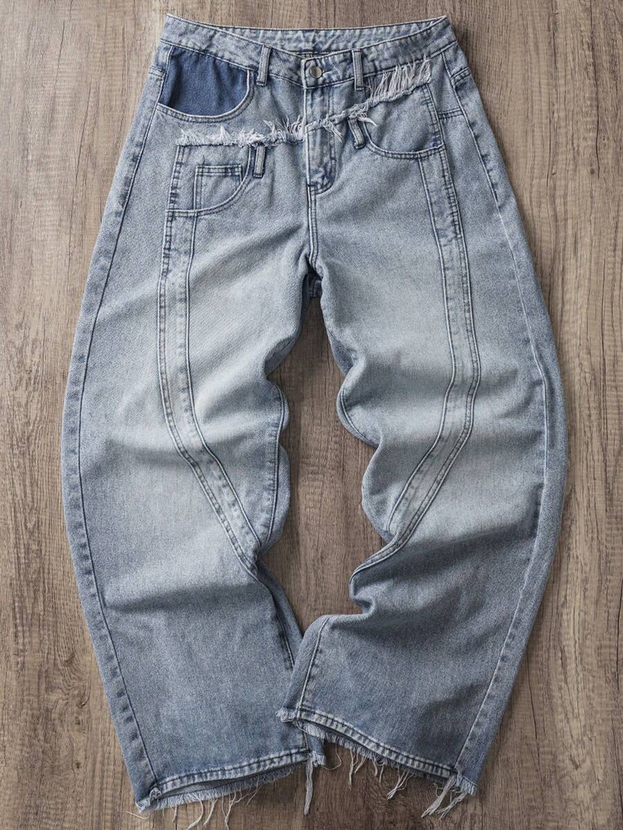 Manfinity Joysei Jeans minimalistas desgastados de color claro con dobladillo crudo para hombres - Azul - Ver 1