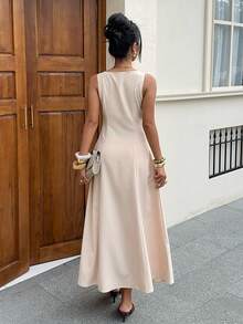 Siren Gaze Petite Women's Casual & Commuting Solid Color Single-Breasted Sleeveless Waist Cinched Slash Neck Button Down Waistcoat Maxi Dress In Oatmeal Long Dress,Suitable For Daily Wear, Going Out, Holidays, Vacations Spring Outfits For Women Dresses Casual Outfit For Women Dress Classy Women Outfits Chic Outfits Women,Summer Dresses For Women - Apricot - View 2