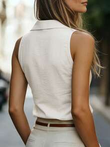 女士无袖立领亚麻质感衬衫，百搭显瘦，通勤必备 - 白色 - 查看 2