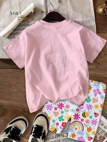 SHEIN 两件套女童休闲可爱水豚、花朵图案、彩虹、昆虫、蝴蝶、奶油粉色度假风圆领短袖T恤搭配紧身打底裤，适合春夏日常穿着、度假、Y2K风格，可爱女童套装 - 彩色 - 查看 3