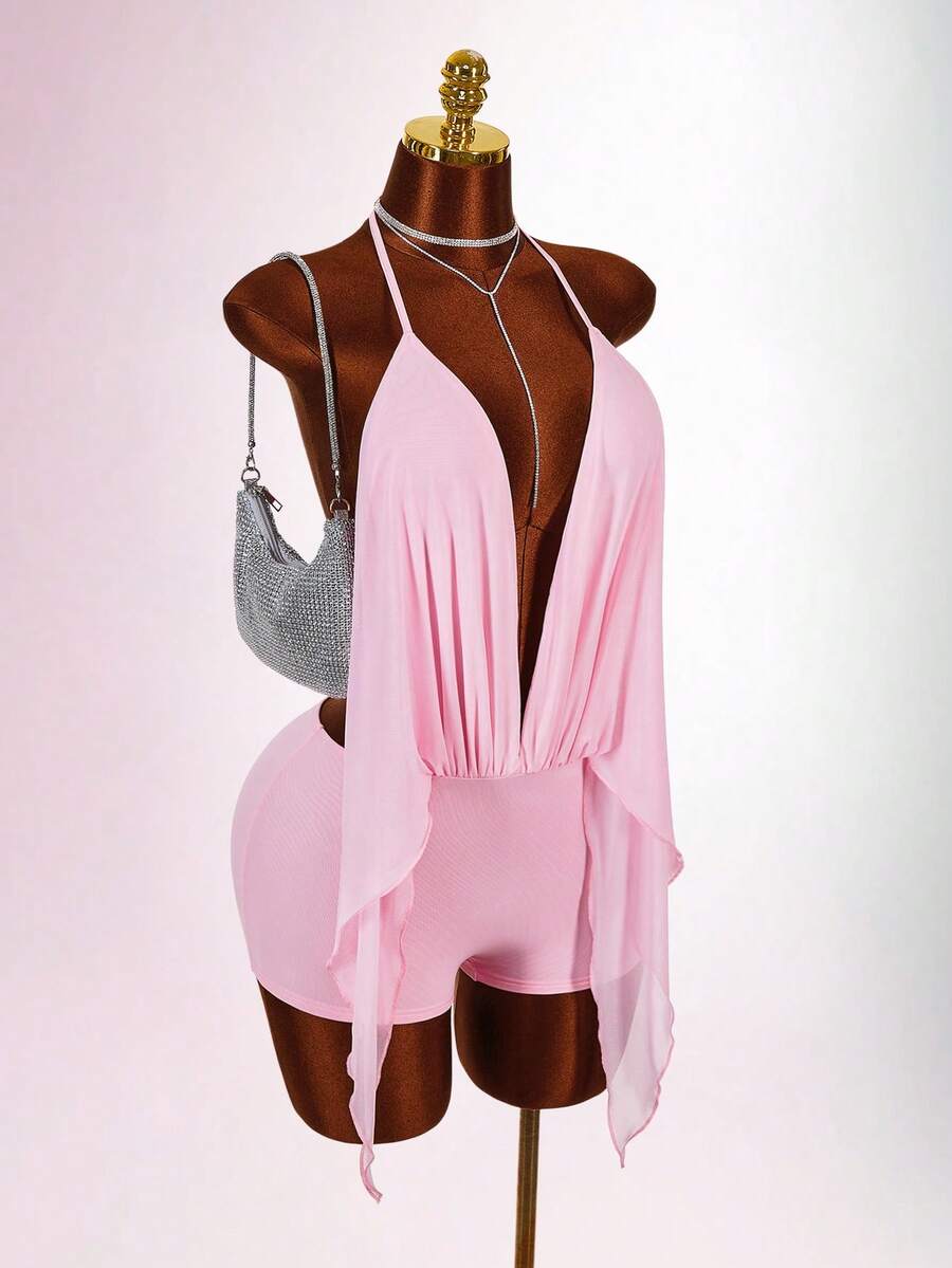 Amplova New Vacation Exaggerated Plunging Neckline Bodycon Jumpsuit For Women - Pink - View 1