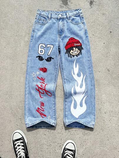 SHEIN Thời trang nam tuổi teen phong cách Y2K đường phố với sáu hoặc bảy họa tiết nổi bật cùng các bản in màu sắc rực rỡ, viền denim, quần jean rộng rãi thoải mái cho trẻ em, trang phục hàng ngày và trang phục dự tiệc mùa xuân đến hè, trang phục đường phố.