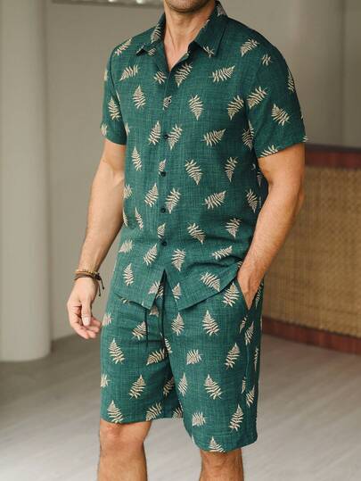 Manfinity CasualCool Bộ đồ hè dành cho nam, quần short và áo sơ mi in họa tiết lá cọ Hawaii, áo sơ mi nhẹ, thoáng khí và quần short có dây rút, phong cách lịch lãm cổ điển, thích hợp cho bãi biển, đám cưới, tiệc tùng, kỳ nghỉ, du lịch, quà tặng Ngày của Cha cho chồng, bố, bạn trai, thoải mái và đa năng.
