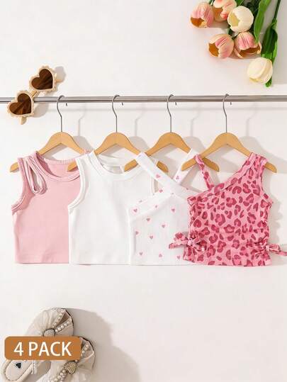 SHEIN Playful Pals Bộ 4 áo hai dây màu trơn in hình Dopamine nhiều màu sắc cho bé gái, thích hợp mặc mùa hè.