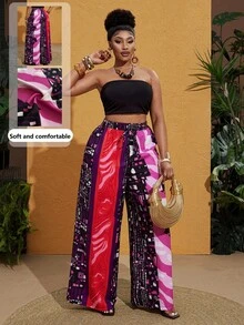 Maweii Dark Purple,Autumn,Boho,Beach Women Plus Size Abstract Colorful Print Pants,Elegant Loose Casual Minimalist Vacation Street Fashion Niche Design - Multicolor - View 1