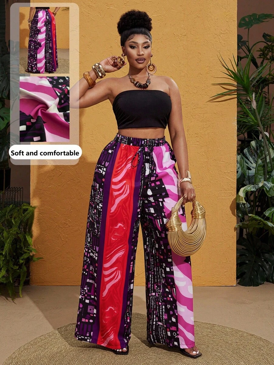Maweii Dark Purple,Autumn,Boho,Beach Women Plus Size Abstract Colorful Print Pants,Elegant Loose Casual Minimalist Vacation Street Fashion Niche Design - Multicolor - View 1