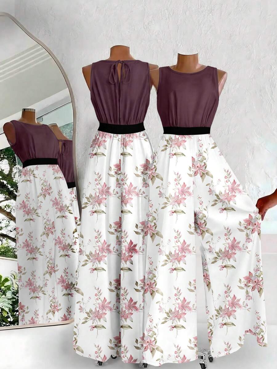 SHEIN Clasi Bộ áo liền quần nữ không tay cổ tròn thắt nơ phía trước in hoa dáng rộng thoải mái - Nhiều màu - Xem 1