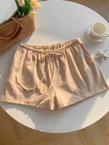 Comfortcana Plus Size Casual Loose Drawstring Solid Color Comfortable Shorts, Spring/Summer - Khaki - View 3