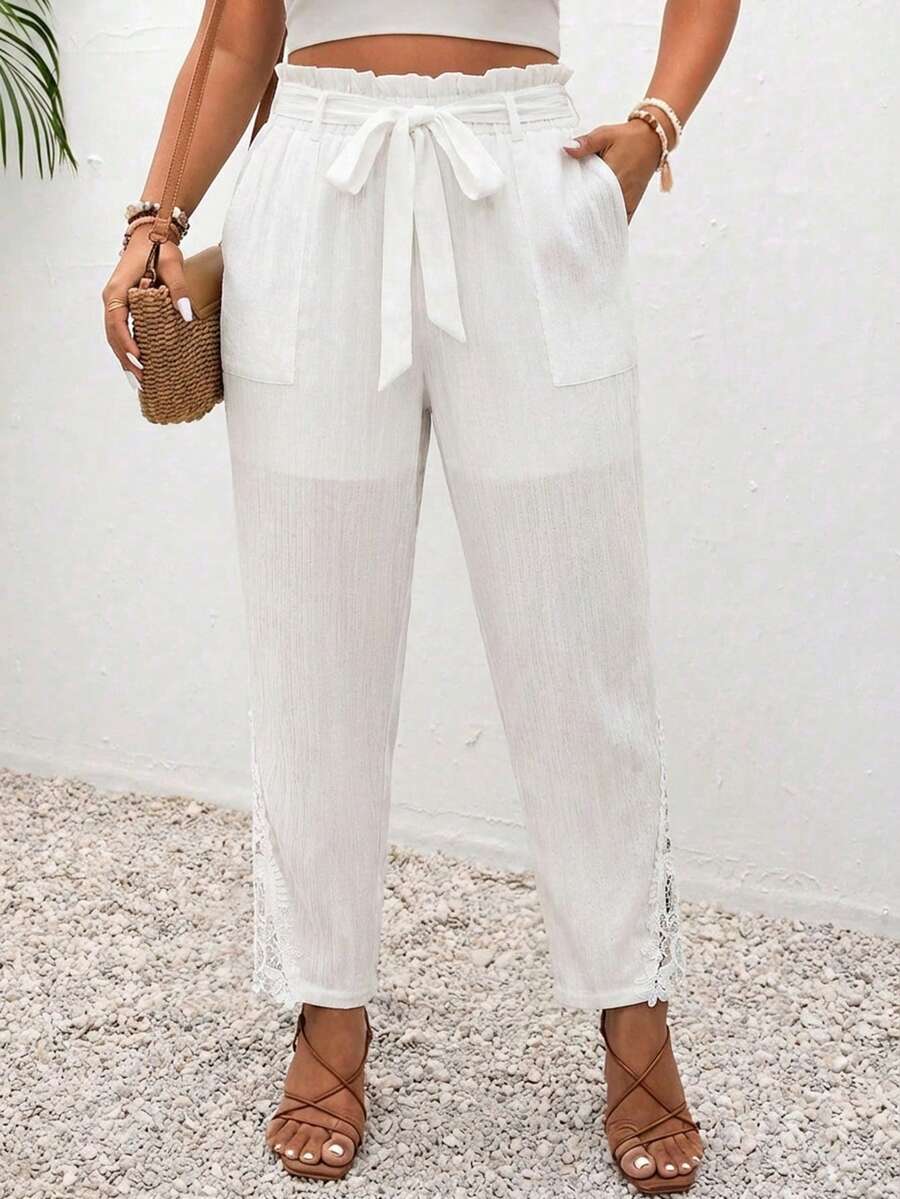 SHEIN Clasi Plus Paperbag Waist Belted Straight Leg Pants,Business Casual Woman White Beach Pants For Women Wide Leg Pants Woman High Waist Women Vacation Outfit Sets