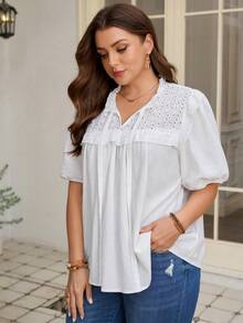 Rosumi Plus Size Women Embroidered Casual Versatile Daily Wear Shirt Gym Brown Summer - White - View 4