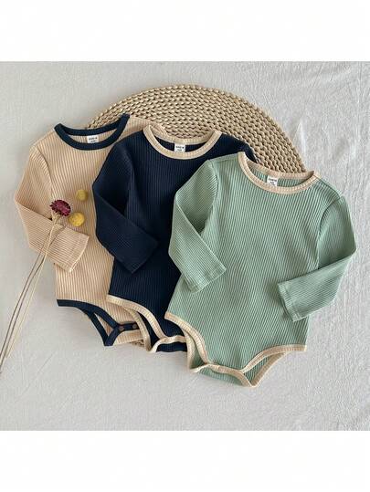 Loomiva 3pcs/Set Baby Boy Casual Comfortable Versatile Round Neck Long Sleeve Romper Outfit Set, Neutral Color Infant Bodysuit Set, Newborn Baby Boy Autumn Clothing 3-Piece Set, Unisex Infant Ribbed Romper