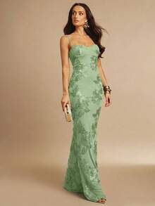 Fitted Strappy Dress With 3D Floral Print - Champagne - View 4