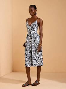 JIAN LASALA All-Over Printed Knit Overlapped Jumpsuit Women Summer Vacation Beach Holiday Vacation Navy And White Tropical - Black and White - View 5