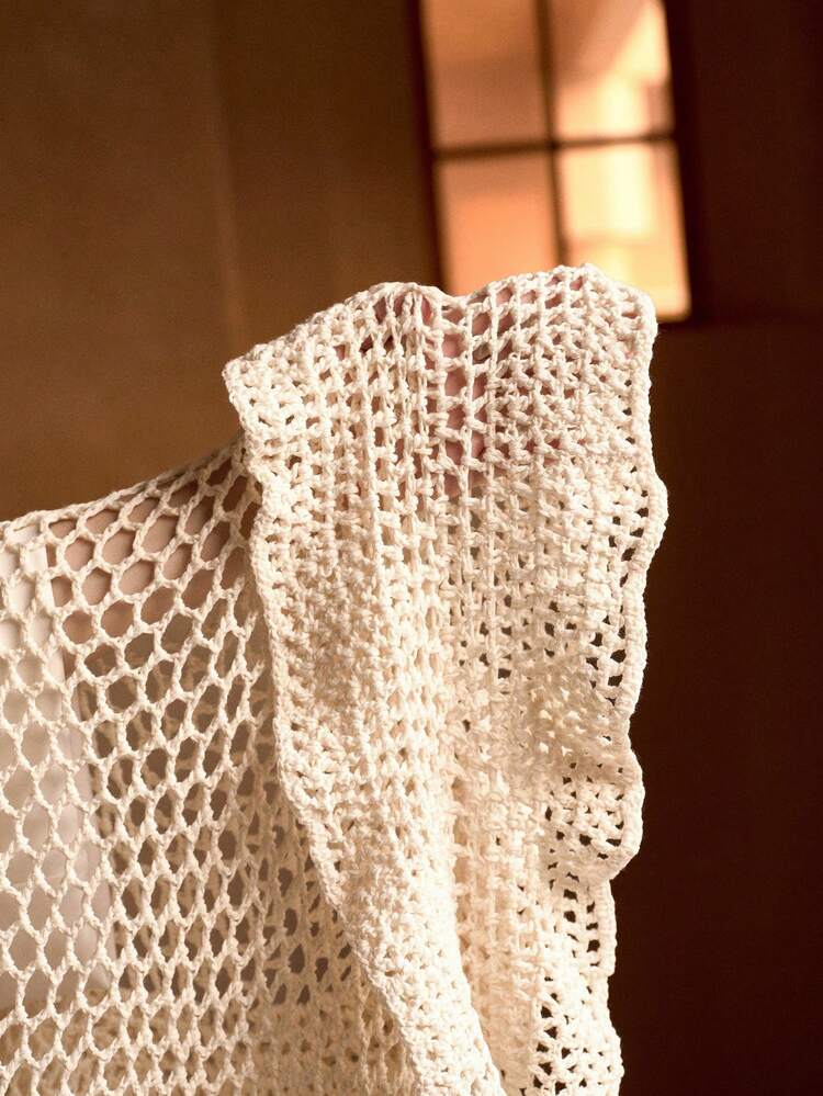 HANDMADE CROCHET 3D RUFFLE TRIM MESH TEXTURE ELEGANT ROMANTIC CASUAL VACATION SWIMSUIT COVER-UP SKIRT