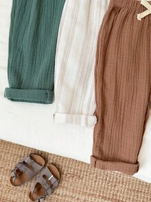 SHEIN 3 piezas Pantalones de crepé a rayas casuales para niño/niña, aptos para verano, primavera, otoño, paquete básico - Multicolor - Ver 6