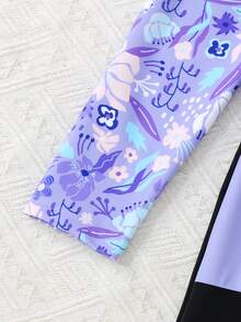 SHEIN 少女连体泳衣，防晒衣，黑紫拼接，长袖长裤，碎花图案，运动时尚，优雅迷人，适合游泳、海滩、泳池、拍照、送礼、水上乐园、夏季水疗等场合。长袖泳衣，紫色泳装，适合女孩，也适合戴头巾的青少年。 - 彩色 - 查看 3