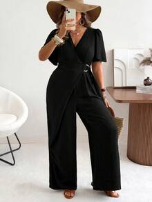 Ceyna Plus Size Woven Cross Collar Black Ruffle Short Sleeve Straight Leg Jumpsuit With Double D-Ring Waist Decor Brunch Summer Elegant Smart Party Night - Black - View 5