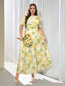 Firerie 優雅白色夏季飄逸大碼女款長洋裝，黃色花卉印花泡泡袖，端莊向日葵檸檬風，適合婚禮賓客、休閒度假與派對 - 彩色 - 查看 4