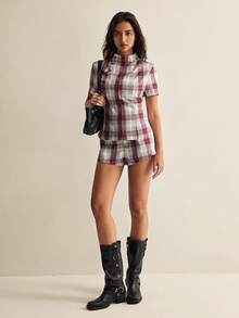 Easelle Quần short nữ kẻ caro kiểu retro thường ngày, cạp thấp, bản rộng. - Nhiều màu - Xem 3