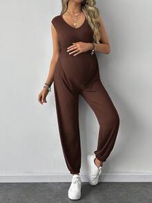 SHEIN 夏季孕妇休闲纯色无袖连体裤 - 棕色 - 查看 3