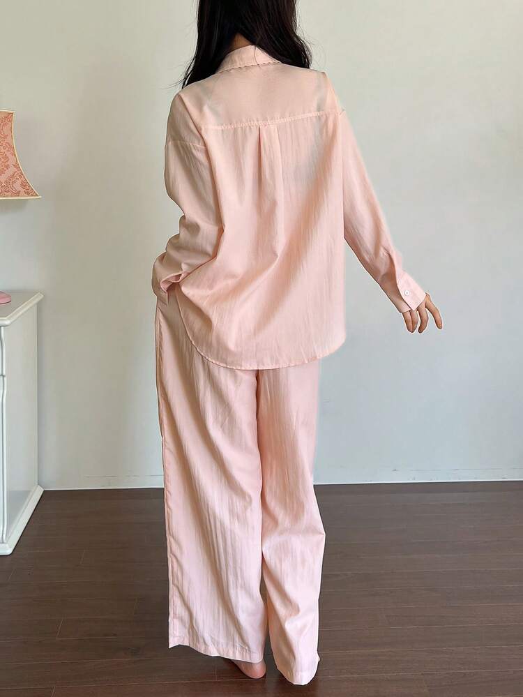 Relaxed Fit Striped Tie Decor Shirt Style Women Loungewear Set, Versatile