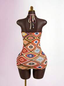 SaltGleam SaltGleam 女士时尚印花吊带V领迷你连衣裙，休闲印花镂空面料修身连衣裙，性感年轻女士沙滩度假连衣裙，春夏款 - 彩色 - 查看 2