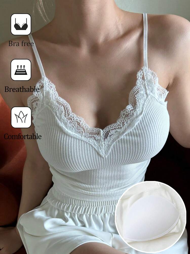 Women's Lace Patchwork Casual Camisole With Built-In Padded Bra, Sexy & Comfortable