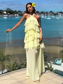 Aloruh 女士春夏新款优雅浪漫时尚波西米亚风度假约会荷叶边吊带连衣裙，黄色 - 黃色 - 查看 2