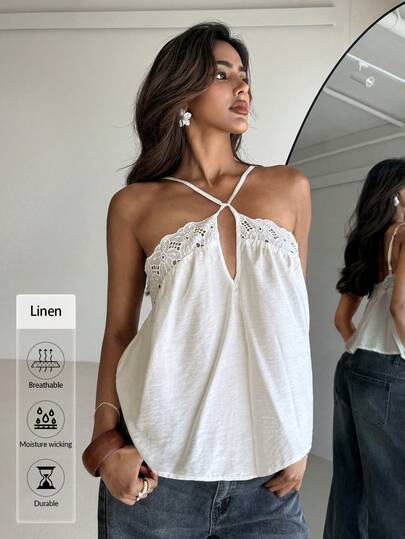 Aloruh Áo hai dây nữ thanh lịch kiểu dáng nghỉ dưỡng, thêu hoa, viền ren.