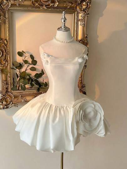 Lovelzi Elegante y lujoso vestido corto de satén blanco, con decoración floral 3D hecha a mano, cuello barco y falda abullonada, adecuado para bodas, ocasiones formales, vestido de novia, regalo