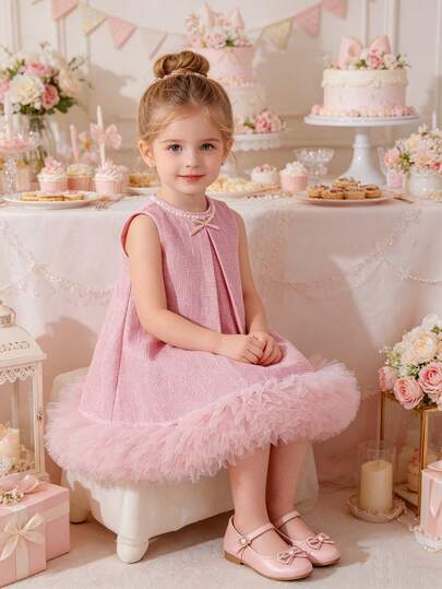 SHEIN Glamorique Kids 1pc Young Girl Wedding Flower Girl Elegant Sleeveless Dress, Suitable For Wedding, Party, Performance, Summer Dress With Floral Hem, Elegant And Graceful For Banquet And Stage