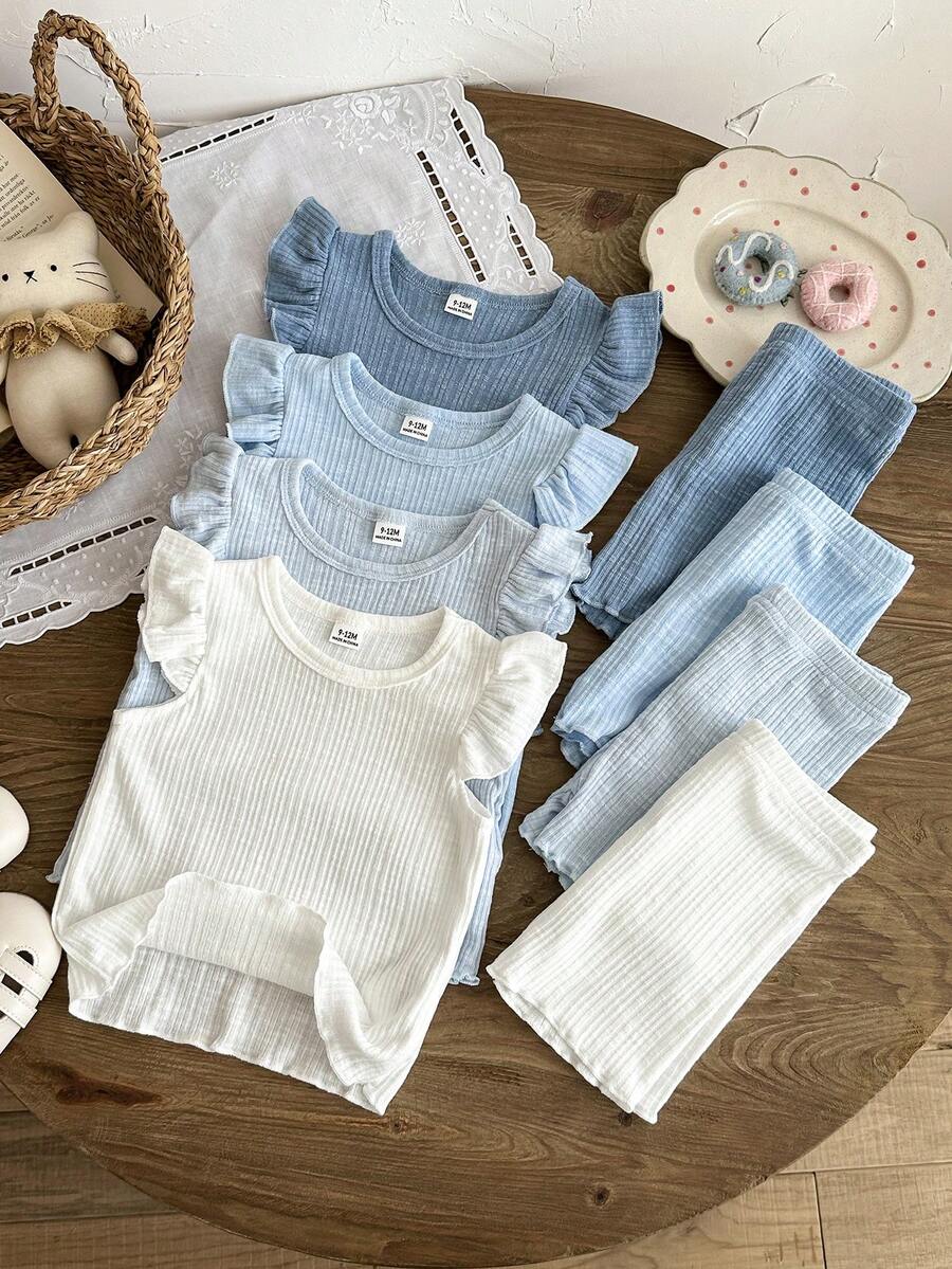 SHEIN 8件套/女婴0-3岁春夏新款休闲日常外出可爱纯色针织不对称罗纹短袖背心T恤上衣和短裤8件套 - 彩色 - 查看 1