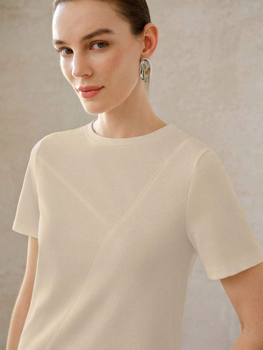 MOTF PREMIUM ÁO THUN NỮ MÙA HÈ MÀU TRƠN THIẾT KẾ XẺ KHÔNG ĐỐI XỨNG, CỔ TRÒN TAY NGẮN ĐA NĂNG DỄ PHỐI ĐỒ - Màu Khaki - Xem 2