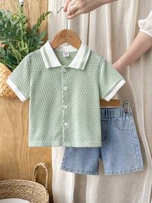 SHEIN Vintaside Kids 男婴春夏时尚休闲短袖衬衫搭配水洗牛仔短裤套装，适合居家、度假、朋友聚会等场合，为宝宝打造舒适时尚的造型。 - 綠色 - 查看 3