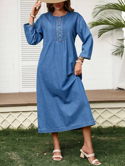 Breezaya Đầm denim dài tay cổ tròn màu trơn dành cho nữ, có cúc trang trí, kiểu dáng thường ngày.
