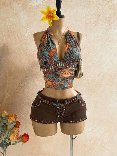 Soleia Blusa ajustada de mujer talla grande con cuello en V profundo, decorada con cuentas y patrón vintage de malla, adecuada para fiesta de vacaciones, Navidad, cita, discoteca, estilo bohemio, vacaciones, otoño