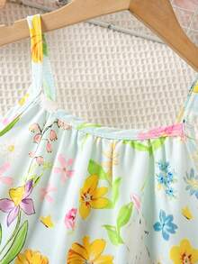 SHEIN Playful Pals 小女孩可爱兔子和花朵印花荷叶边吊带连衣裙，适合夏季度假 - 薄荷綠 - 查看 8