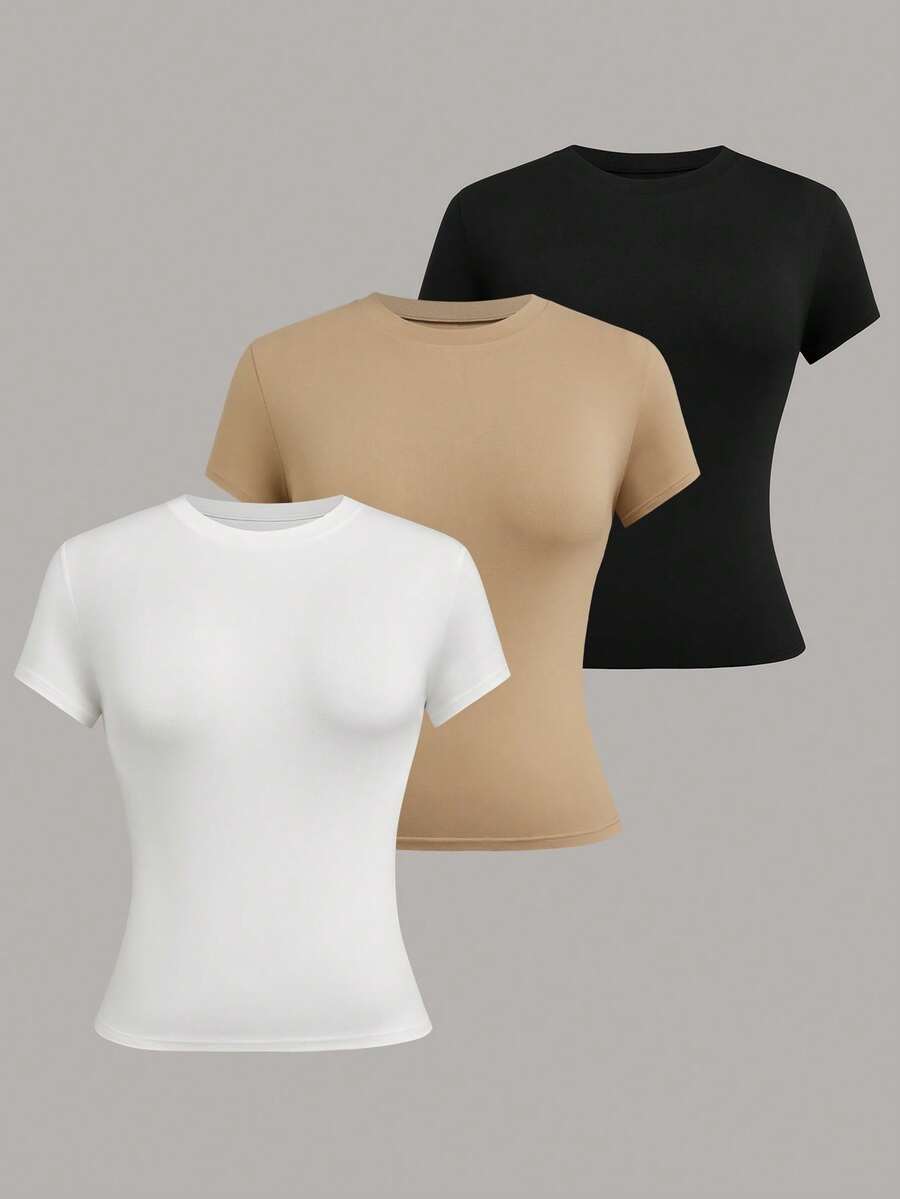 Sweetra Casual Sports Minimalist Commuter Versatile Slim Fit Women Short Sleeve Round Neck T-Shirt, Spring/Summer - Multicolor - View 1