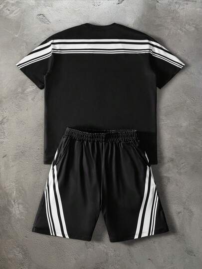 PAVTROS Men's Striped Crew Neck Short Sleeve T-Shirt And Shorts Casual Suit