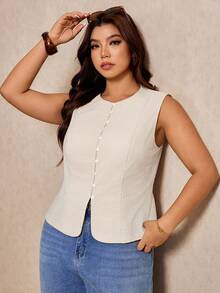 Elaquor Plus Size Women Summer Casual Solid Color Sleeveless Top Work Tops White For Curve Crop - Apricot - View 6